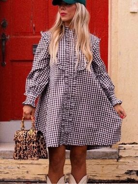 Elizabeth Wilson brown and White Gingham Ruffle Long-Sleeve Dress